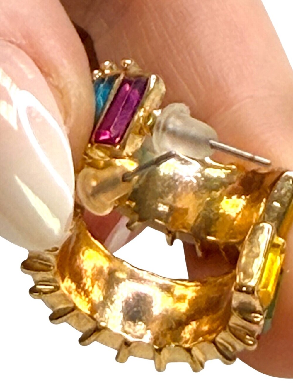 Rainbow Multicolor Baguette Rhinestone Gold Tone Hoop Earrings Statement Jewelry - Picture 3 of 8